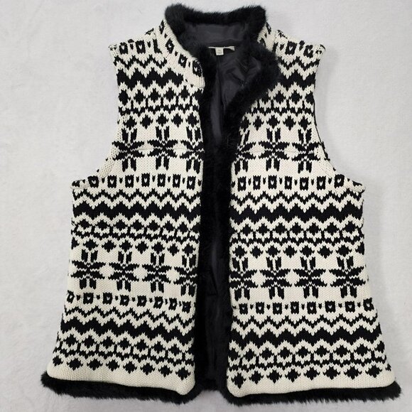 Talbots Black & White Faux Fur Chunky Knit Open Front Vest M - Picture 1 of 6